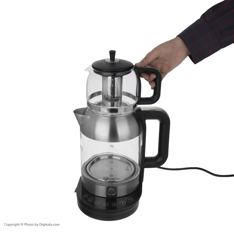 چای ساز برقی فوما Fuma FU-2012 استیل ۲ لیتری کتری + قوری پیرکس ۱ لیتری روهم - Image 4